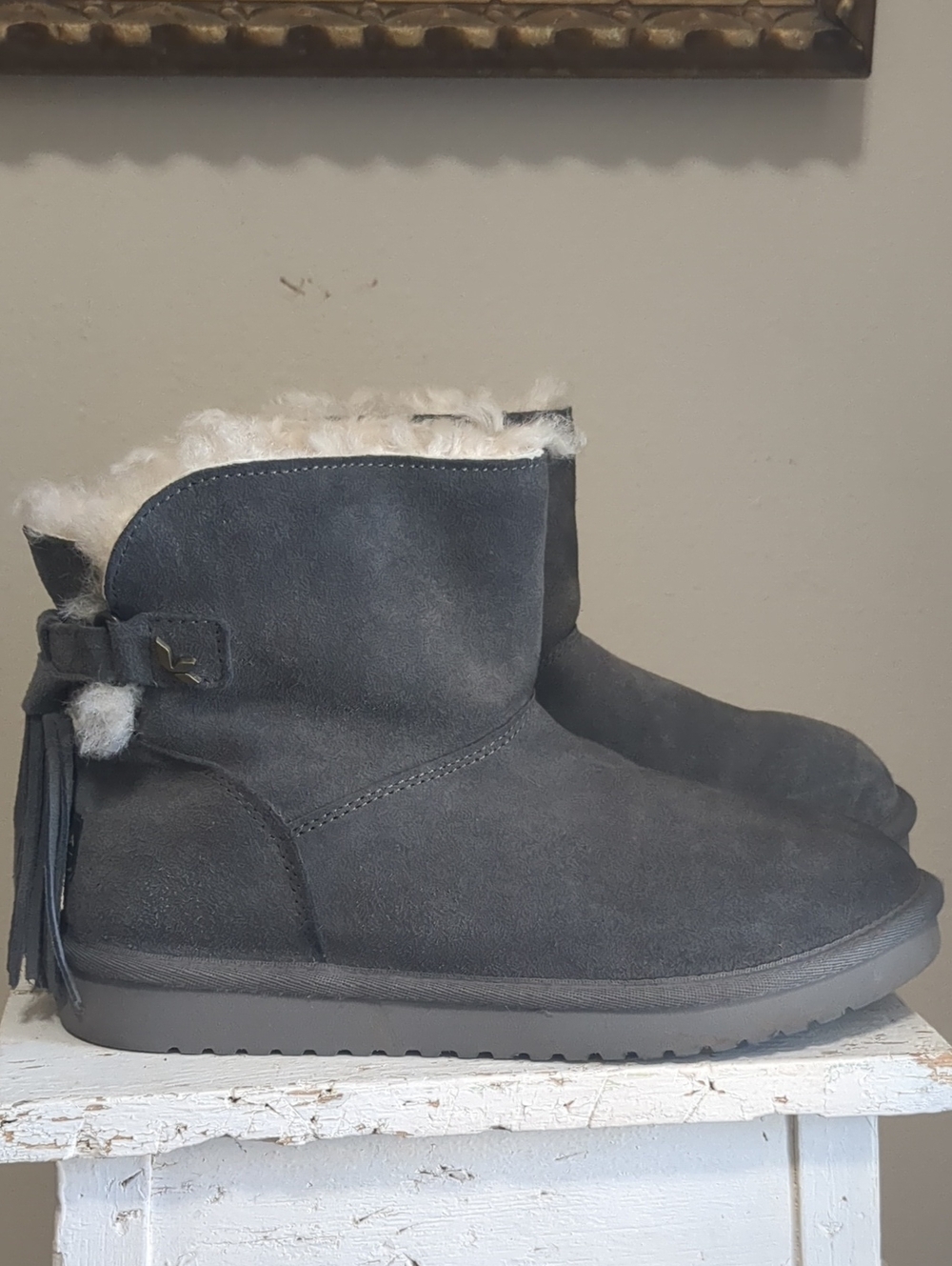 Koolaburra Gray Suede Shearling Tassel Ankle Boots
